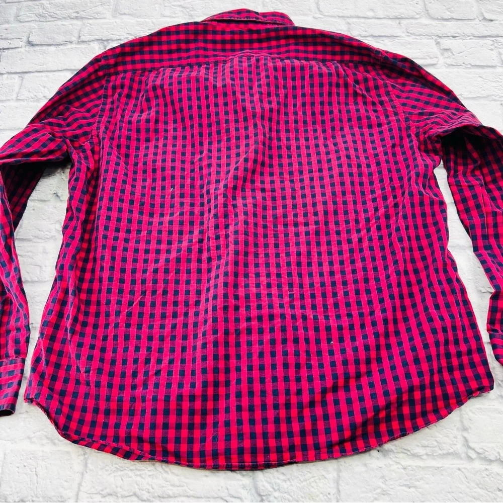J. Crew Factory Men's Long Sleeve Button Down Shirt Red Blue Gingham Plaid